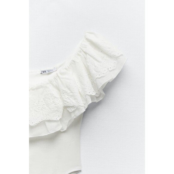 White Zara One Shoulder Openwork Eyelet Embroidered Ruffle Bodysuit (NWT) - Picture 6 of 8